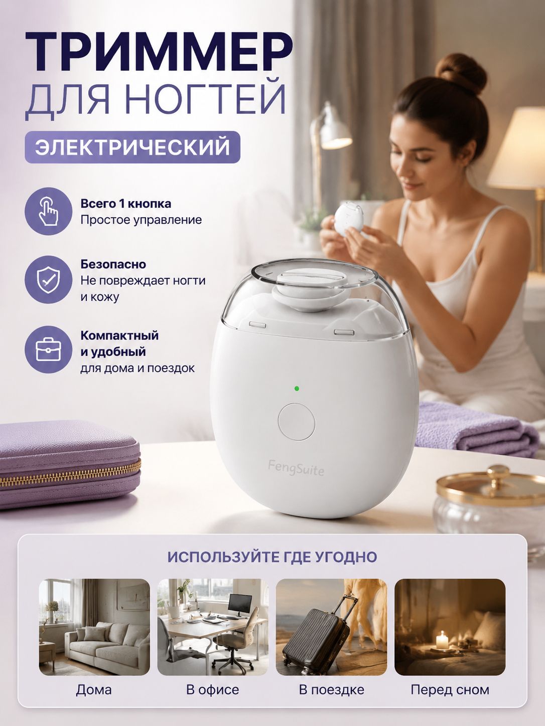 Ножницы маникюрные, электрические для стрижки и обработки ногтей / универсальный триммер для ухода за руками, белого