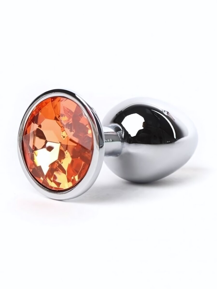 Анальная пробка металлическая 'Onjoy Metal Plug Silver' с оранжевым кристаллом, длина 6,5см, диаметр 2,7см