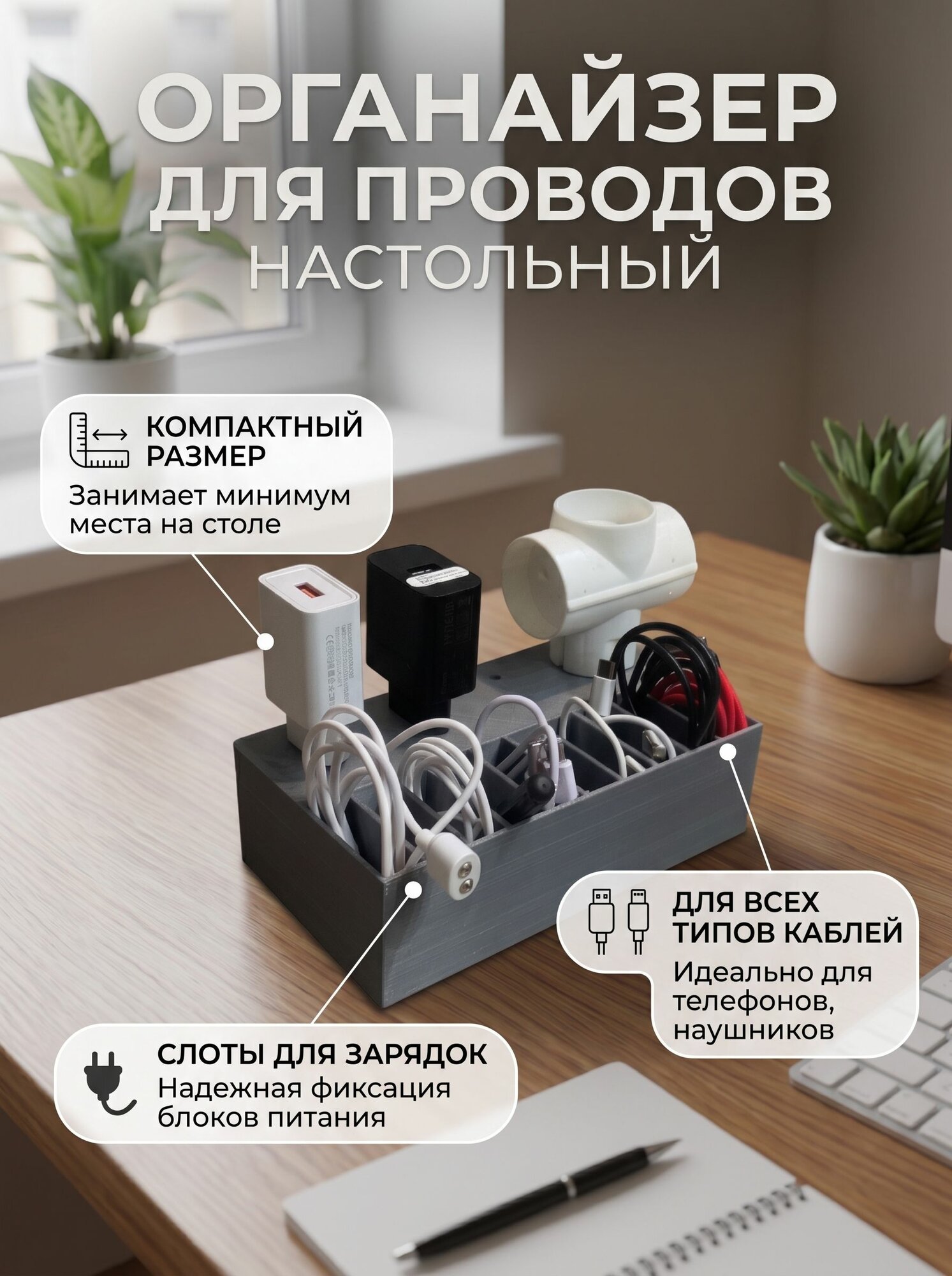 Настольный органайзер для проводов и зарядок, коробка для кабеля, бокс для хранения, держатель слотов