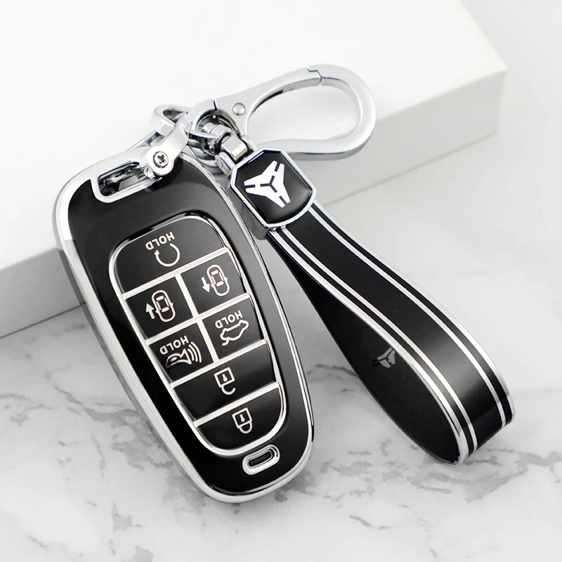 Чехол-накладка на 7-кнопочный ключ для Hyundai Tucson, Sonata, Solaris Hybrid, Nexo Silver Black Set