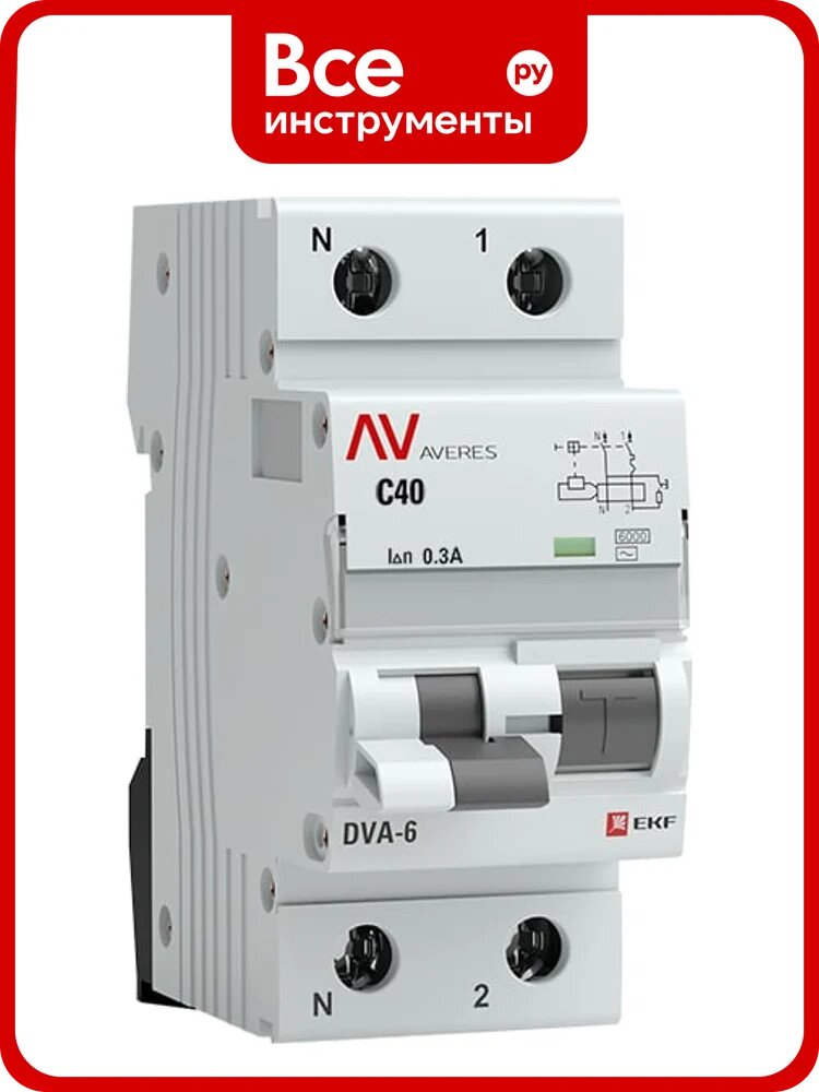 Дифференциальный автомат EKF DVA-6, 1P+N, 40А, 100мА, 6кА, AVERES, SQ rcbo6-1pn-40C-100-ac-av