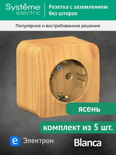 Изображение товара Розетка Systeme Electric Blanca с заземлением, без шторок, ясень, для открытой проводки, BLNRA010115 (комплект из 5 шт.)