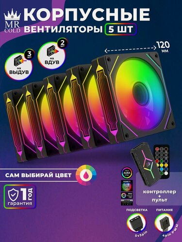 Изображение товара Вентиляторы для ПК 120мм корпуса компьютеров комплект 5шт штук с argb контроллером хабом 3 стандарт 2 реверс s50i Mr Cold