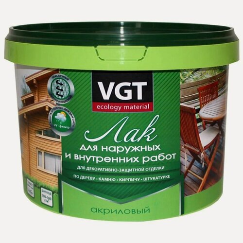 Изображение товара Лак акриловый VGT глянцевый бесцветный 0.9 кг для внутренних и наружных работ по дереву камню кирпичу штукатурке