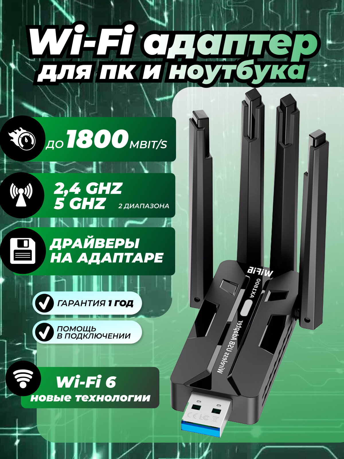 Двухдиапазонный сетевой Wi-Fi адаптер беспроводной приемник на 2,4 и 5 ГГЦ и USB подключением для компьютера и ноутбука