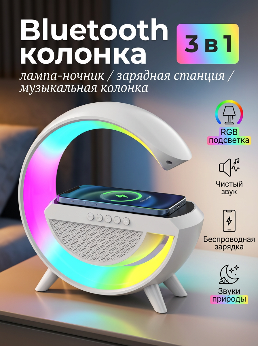 Bluetooth колонка с беспроводной зарядкой + лампа ночник с RGB подсветкой