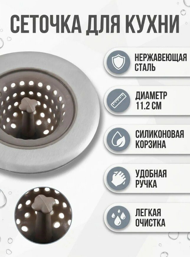 Сито для раковины нержавеющая сталь, с силиконовой вставкой диаметр:11,2см
