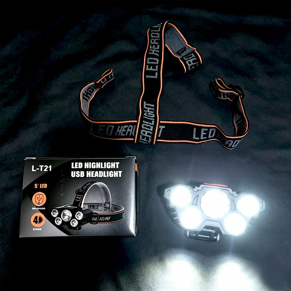Налобный фонарь 5 LED сверхъяркий с USB-зарядкой, аккумулятор 14500, ABS, USB-кабель, 4 режима