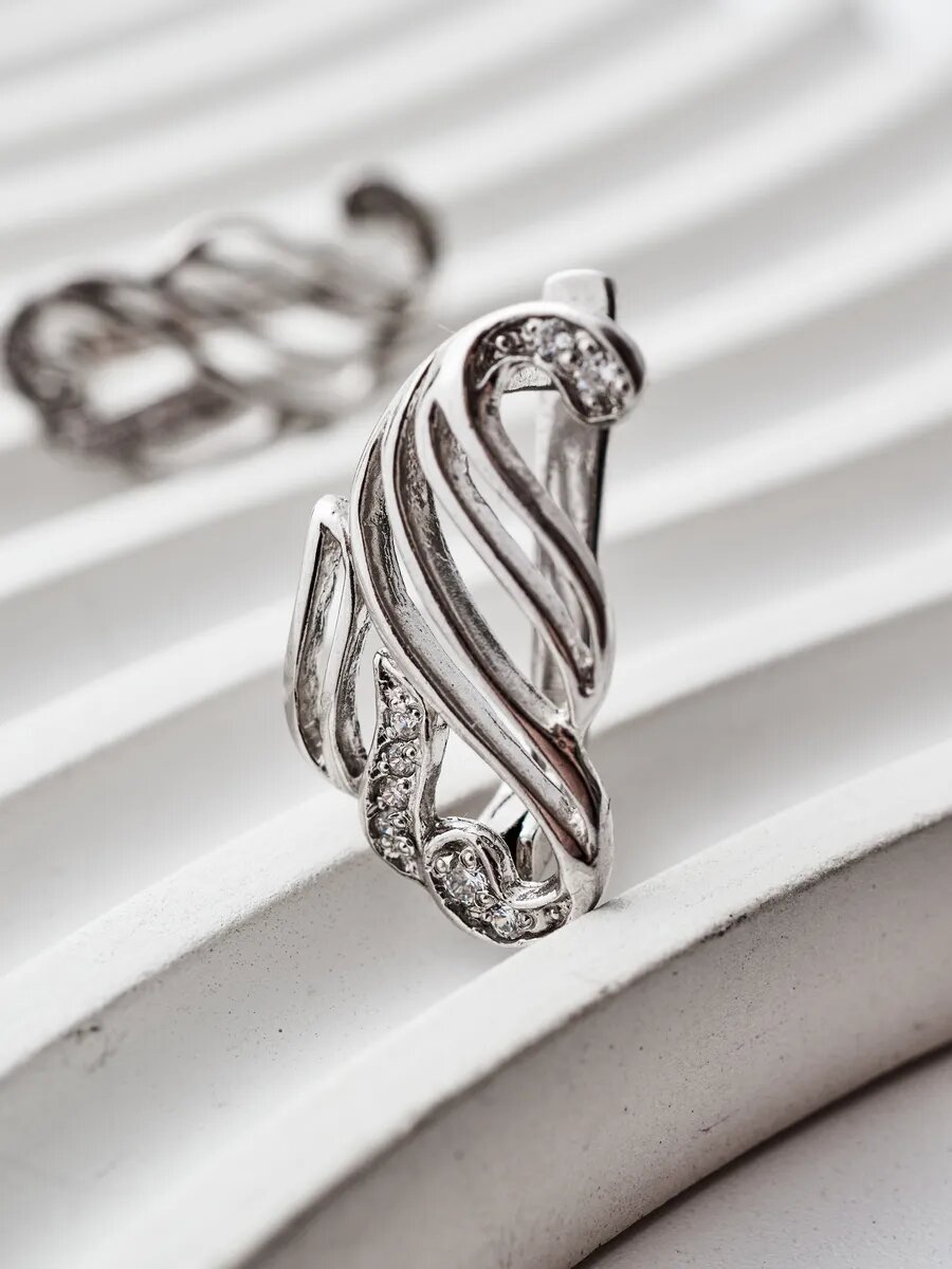 Серьги БРЮС, серебро, 925 проба, родирование, фианит