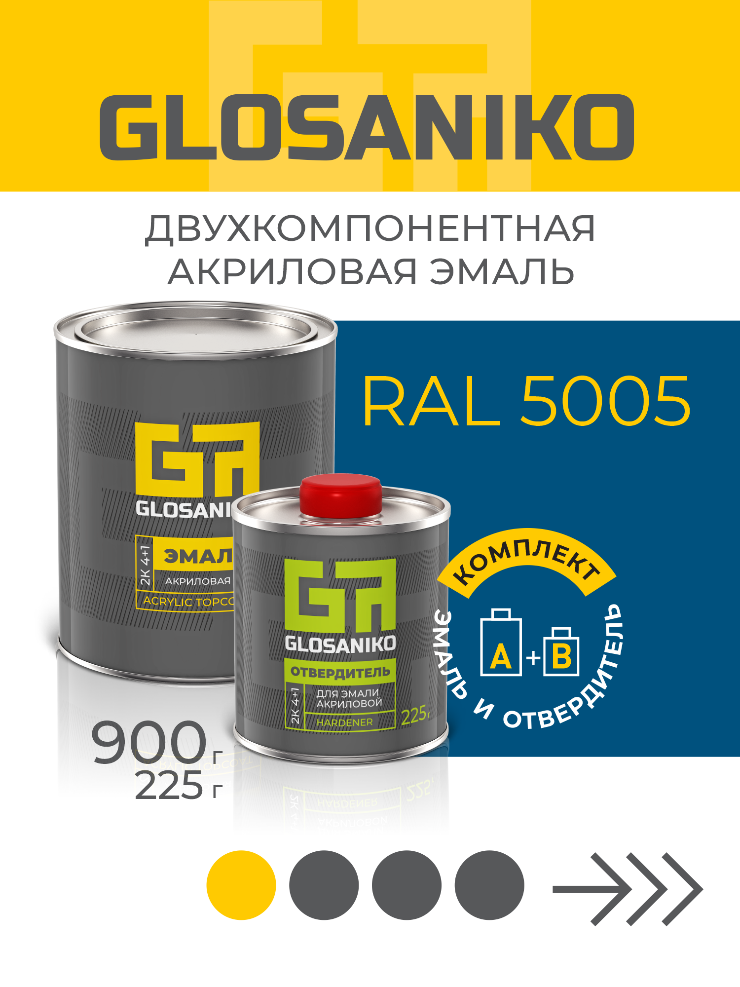 RAL 5005, комплект эмаль 0,9кг + отвердитель 0,225кг, Glosaniko Акриловая эмаль 2К 4:1
