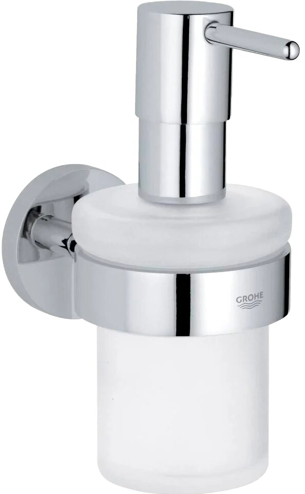 Дозатор для жидкого мыла Grohe Essentials 40448001 подвесной, механический, хром, глянцевый, матовый, стеклянный, латунный, круглый, диспенсер для мыла