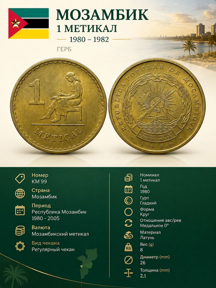 Мозамбик 1 метикал, 1980 Герб XF