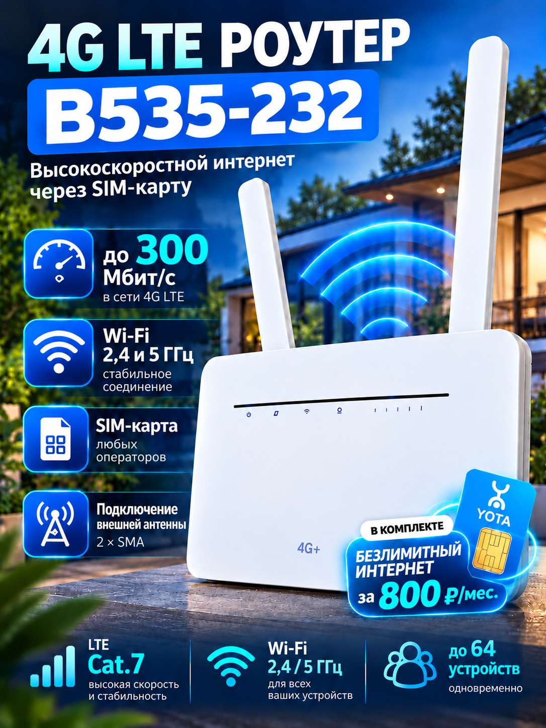Роутер B535-232, 4G LTE Cat.7 с безлимитным интернетом за 800р