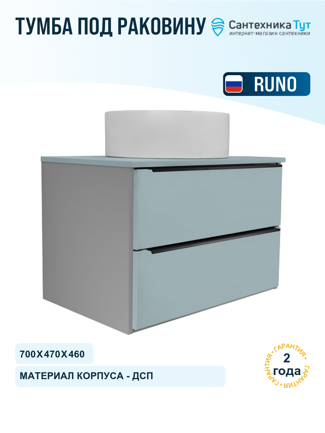 Тумба под раковину Runo Мальта 70 00-00004661 цвет Бирюзовый