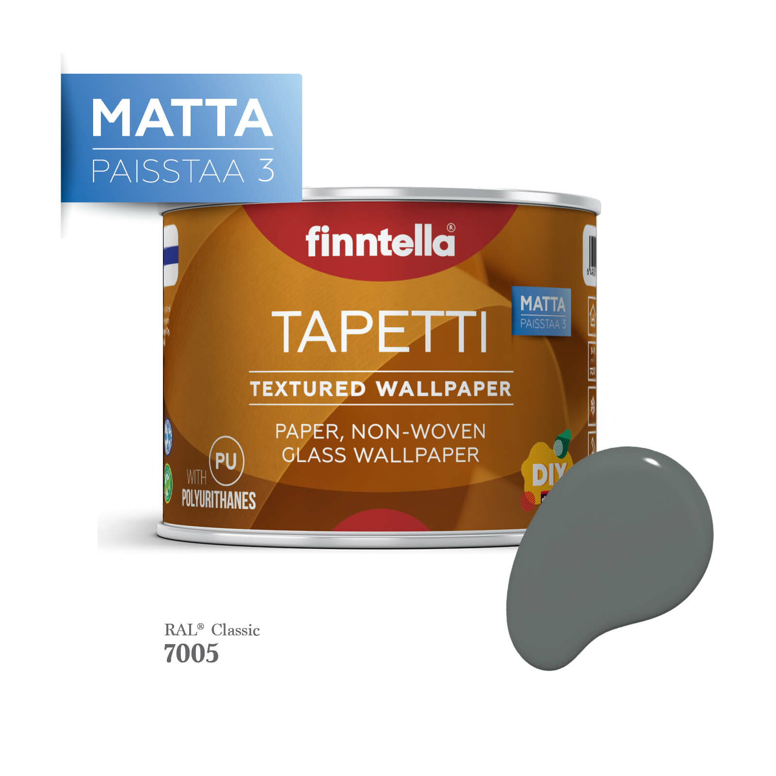 Матовая краска для обоев под окраску TAPETTI Matta FINNTELLA, Цвет RAL 7005 Мышино-серый (Mouse grey), 0,45л