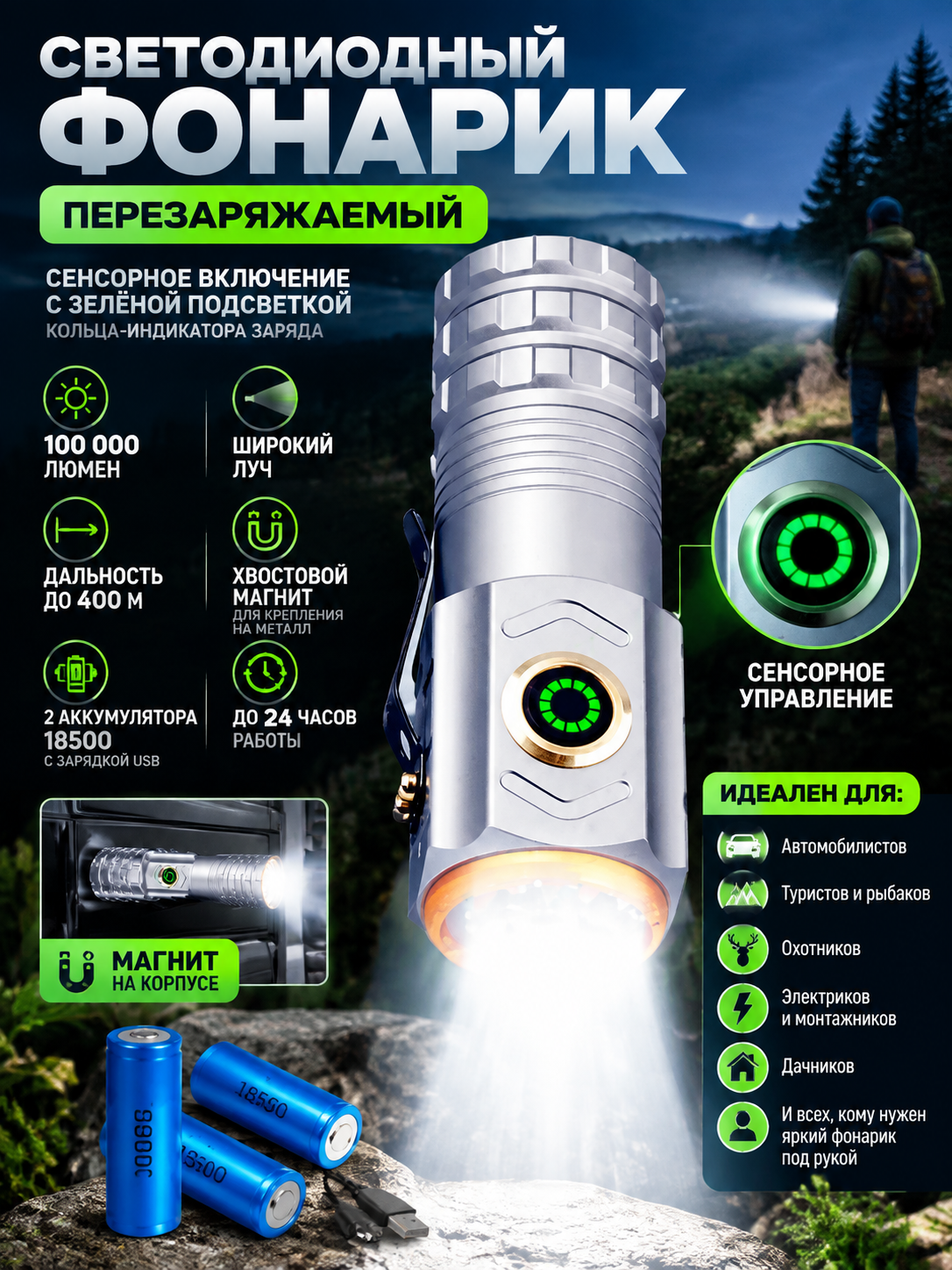 Фонарик светодиодный перезаряжаемый 100000 люмен с сенсором, магнитом и 2 аккумуляторами 18500
