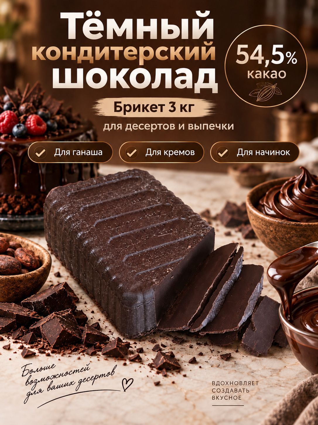 Шоколад темный 3кг кондитерский 54,5% какао, в брикете, для выпечки, ганаша и конфет