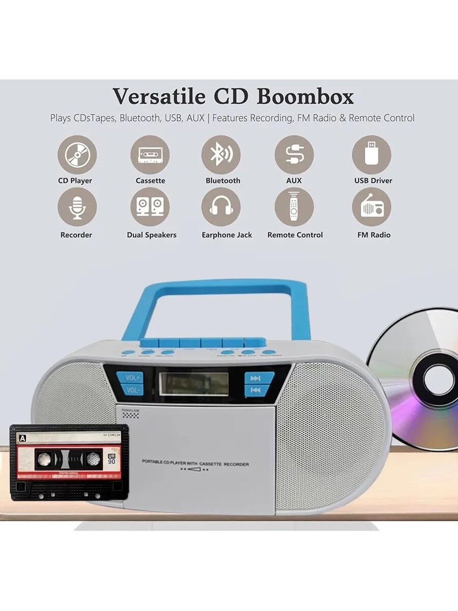 Многофункциональный CD-плеер с ретро-кассетным проигрывателем, Bluetooth 5.1, цифровым FM-радио, USB/AUX-входами, поддержкой CD/CD-R/CD-RW/MP3, функцией записи и пультом дистанционного управления.