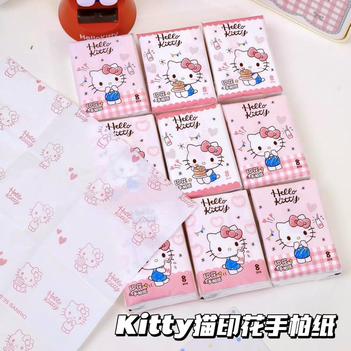 Бумажные платки Sanrio с принтом Хелло Китти розово-голубые, мини-платки в карман, 9 упаковок