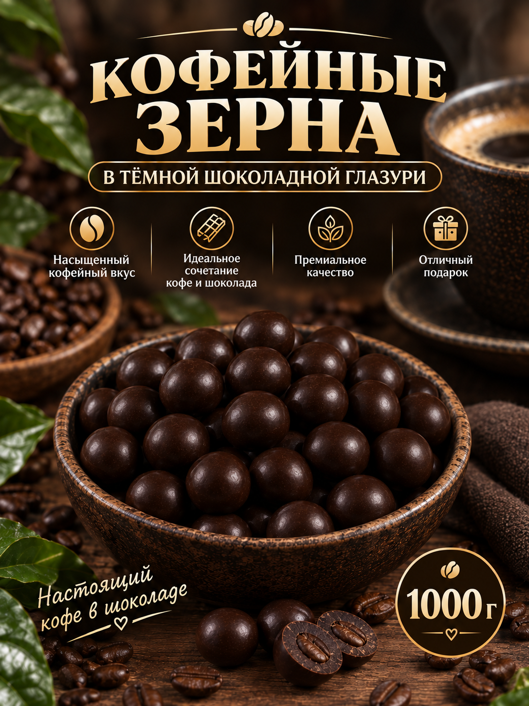 Кофейные зёрна в тёмной шоколадной глазури 1000 г