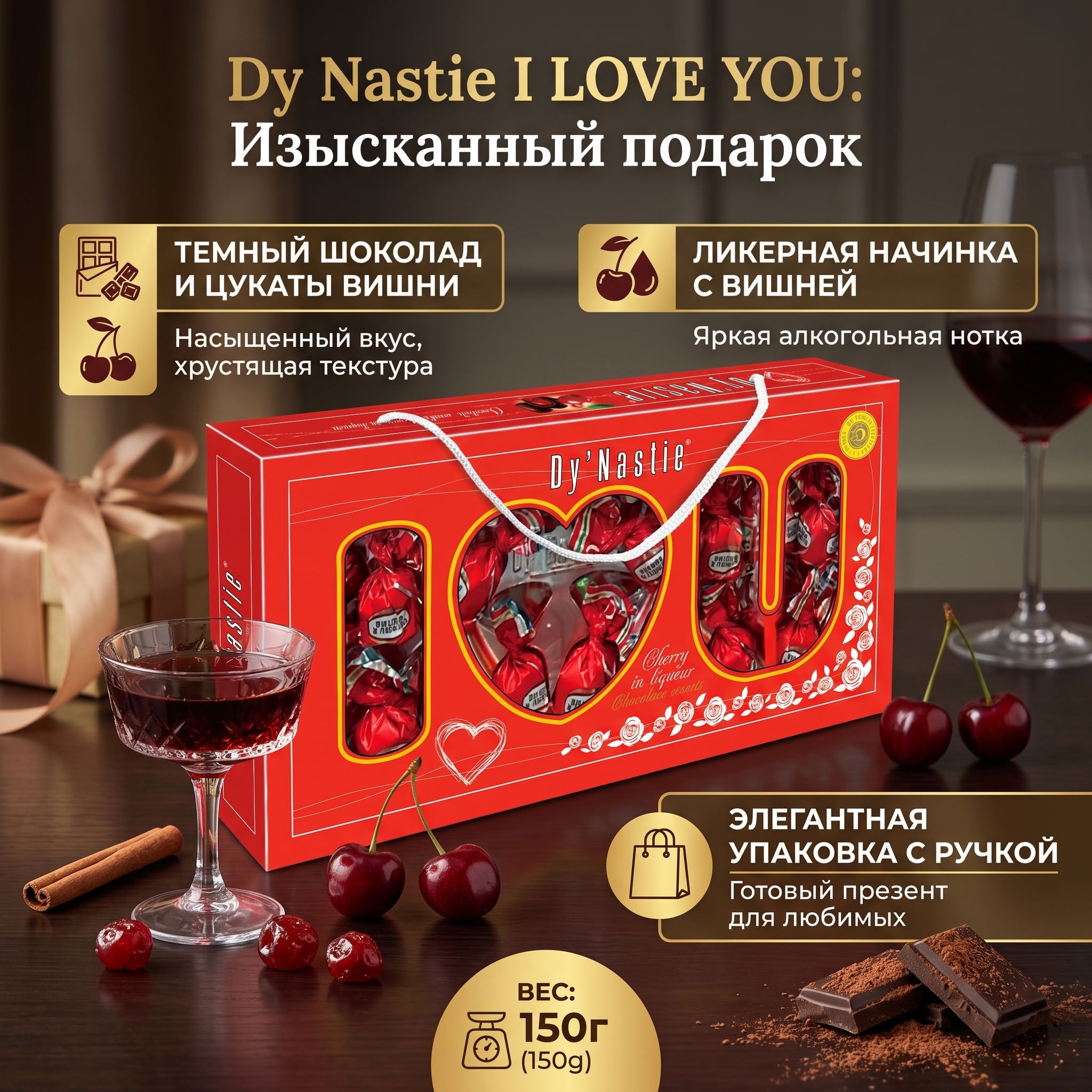 Конфеты Dy Nastie I LOVE YOU шоколадные CHERRY IN LIQUEUR c тёмным шоколадом, с ликёрной начинкой, с цукатами вишни /упак. с ручкой/ 150