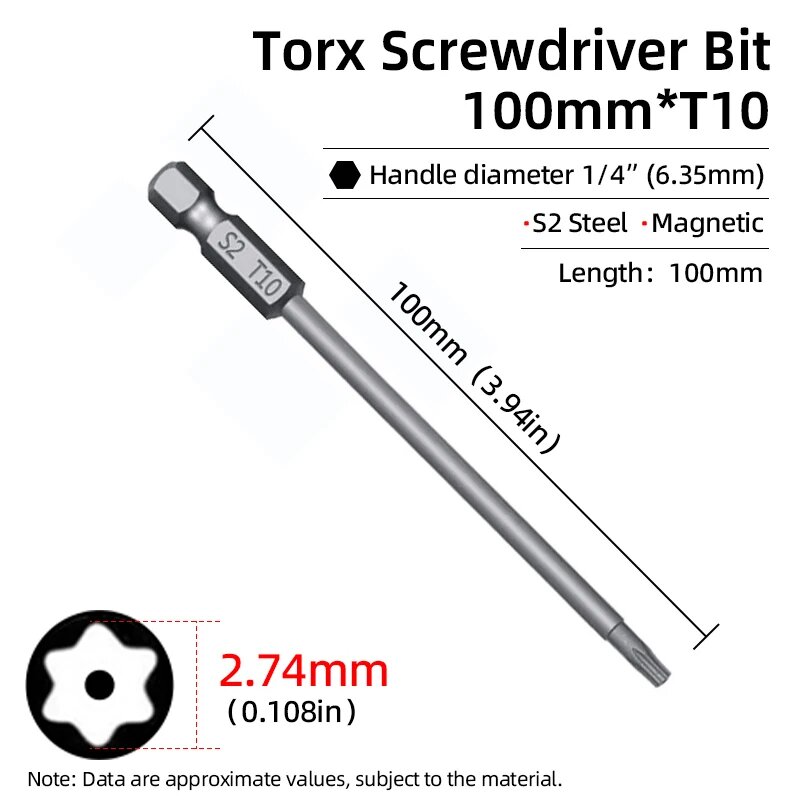 Биты для отверток Torx 100 мм T6-T40, магнитная защитная бита, полая отвертка с цветком сливы, S2, сталь 1/4 дюйма, шестигранные ручные инструменты
