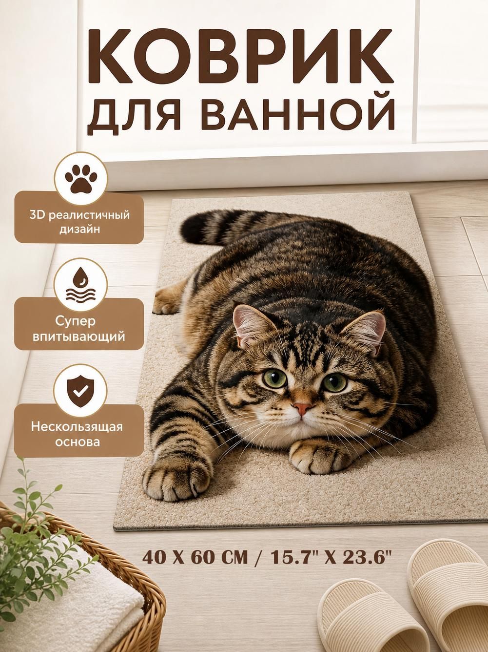 Коврик для бани тонкий 4 мм, 40 x 60 см, с кошкой