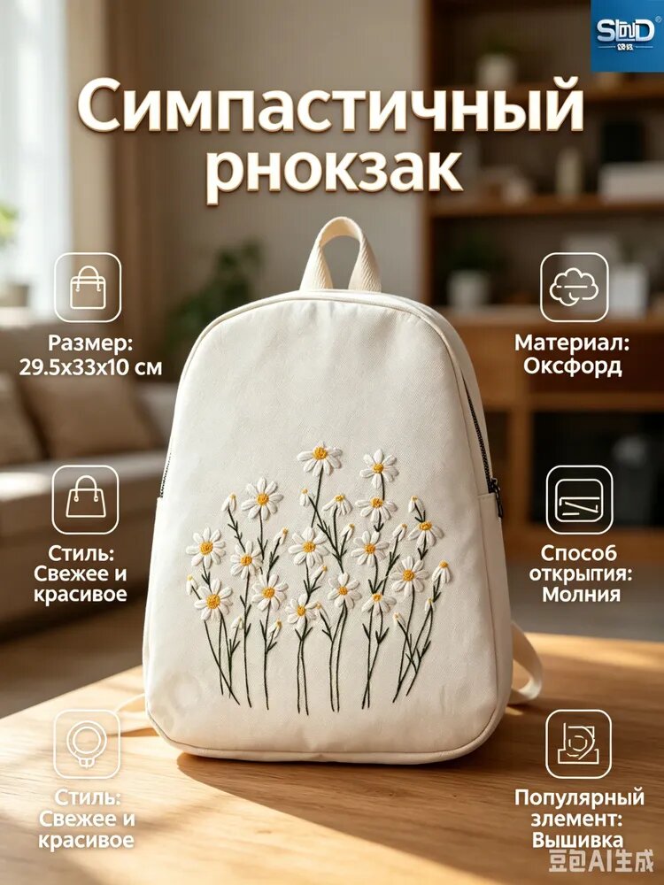 Рюкзак женский повседневный из оксфорда с вышивкой ромашек, 29.5x33x10 см, бежевый