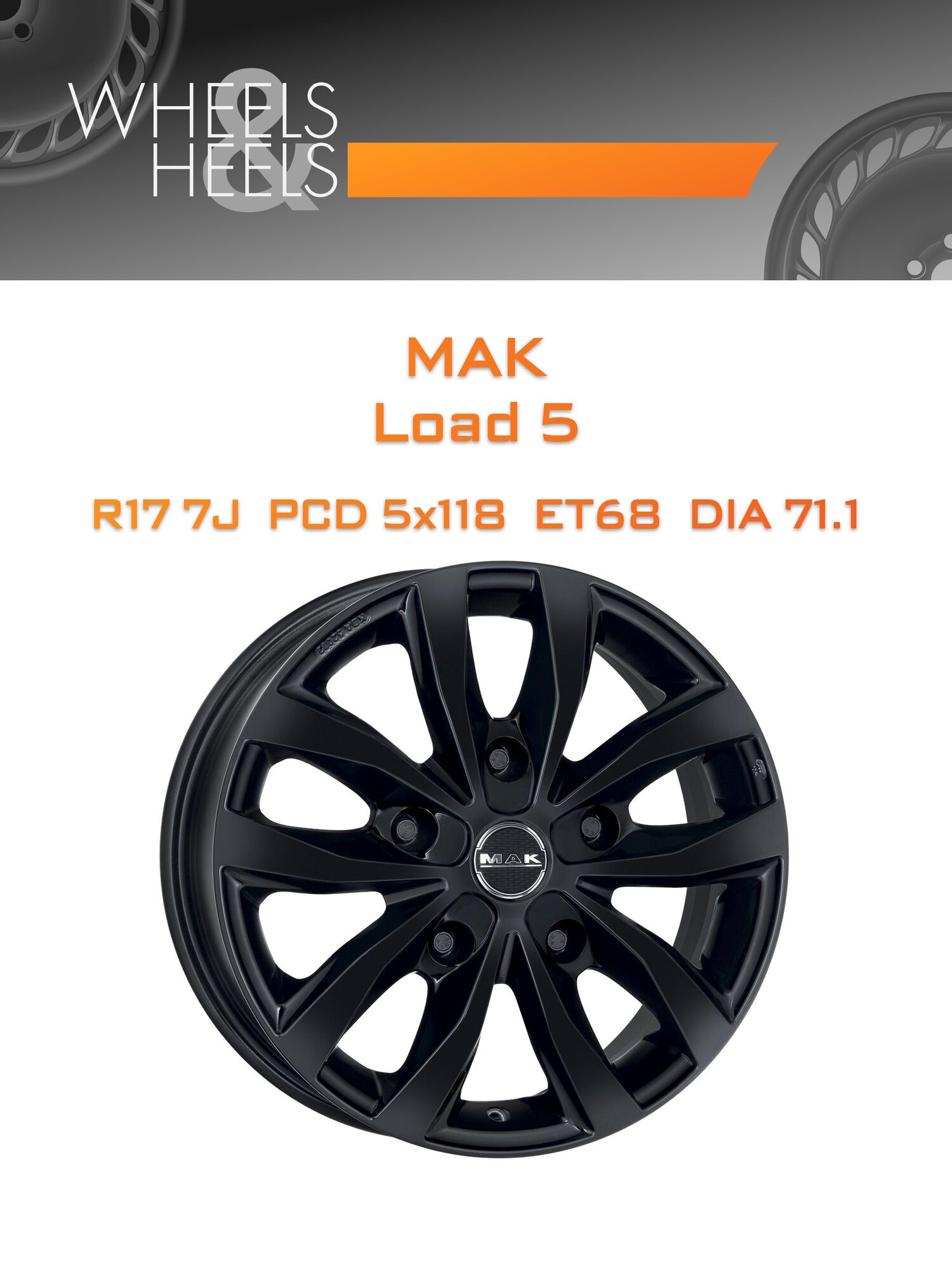 Диск автомобильный литой MAK Load 5 17x7 5x118 et68 dia71.1 Чёрный глянцевый