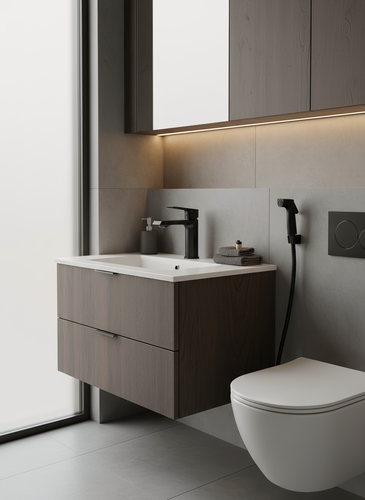 Изображение товара Смеситель для раковины с гигиеническим душем черный/ гарантия 7 лет / коллекция Surf Black