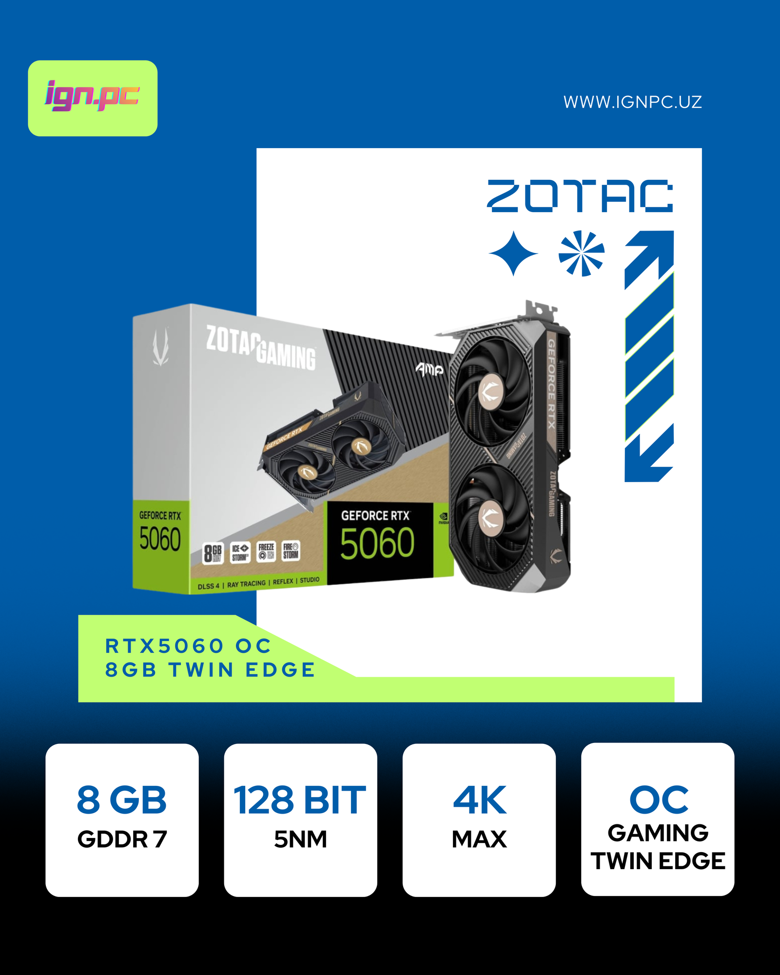 Видеокарта Zotac GeForce RTX 5060 Twin Edge OC, 8 ГБ, GDDR7, HDMI, 3-DP