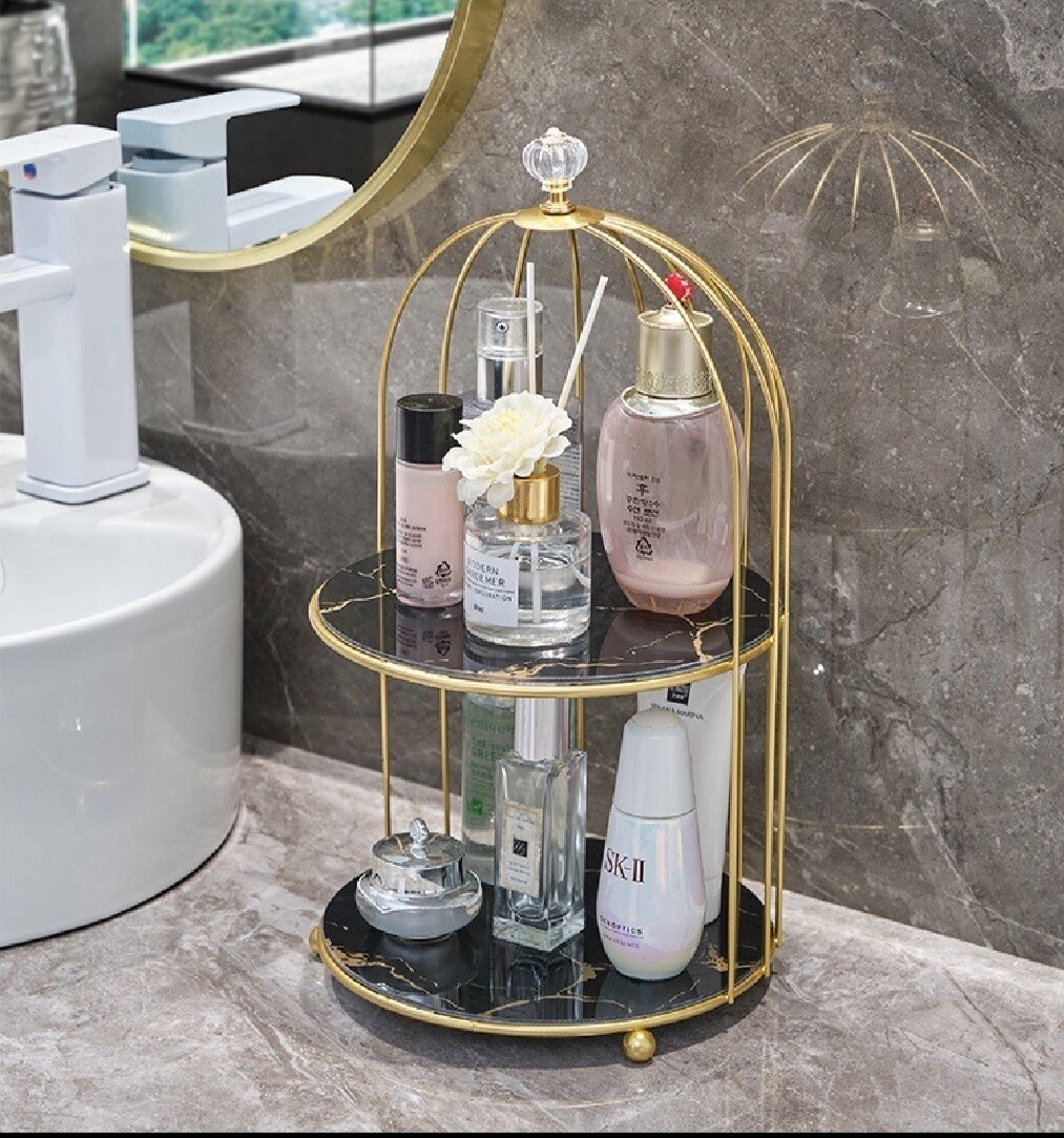 Органайзер для косметики и парфюмерии — двухъярусный, золотой металл и черное стекло