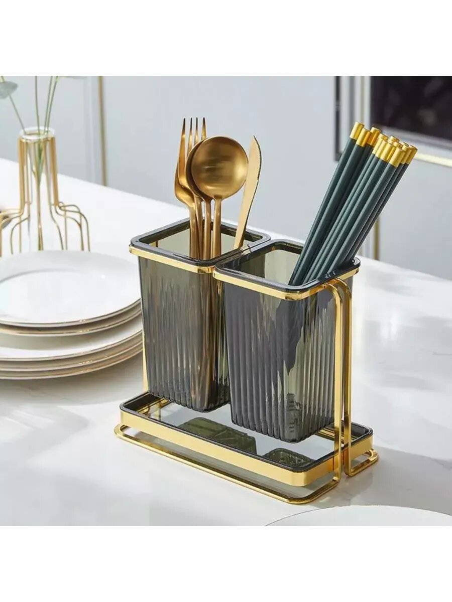 Подставка для столовых приборов настольная, нержавеющая сталь/пластик, серебристо-золотистая, 17х12х23 см