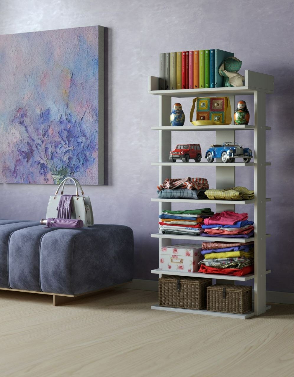 Обувница для прихожей Этажи Досто, 7 полок, высокая деревянная, цвет Белый