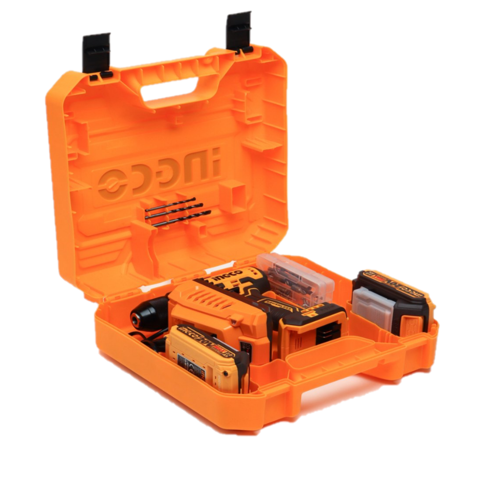 Шуруповерт INGCO CDLI205062, бесщеточный, 2 скорости, 2 АКБ, кейс — фото 1