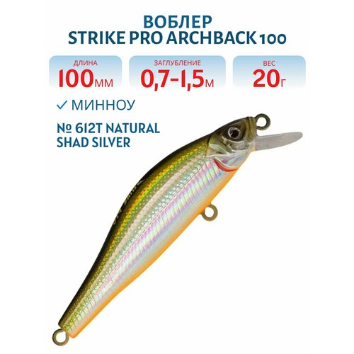 Воблер Минноу Strike Pro Archback 100, 100 мм, 20 гр, Заглубление 0,7м.-1,5м, Нейтральный, цвет: 612T Natural Shad Silver