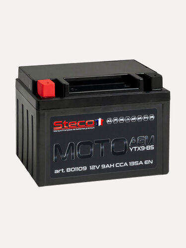 Изображение товара Мотоаккумулятор STECO YTX9-BS, 9Ач, AGM, прямая полярность, пусковой ток 135А, 2026г