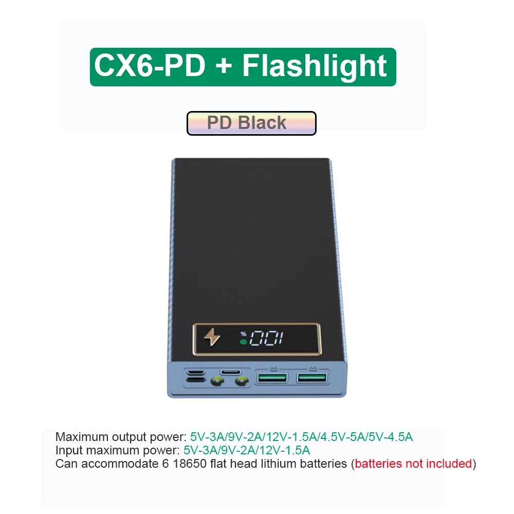 Портативное зарядное устройство CX6-PD + Flashlight, черное