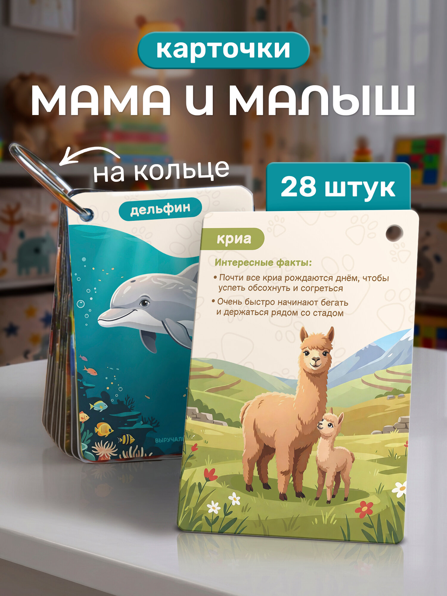 Карточки развивающие на кольце «Мама и малыш», 28 штук, ламинированные