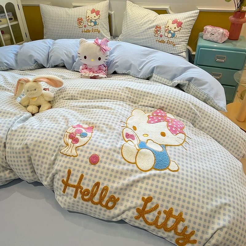 Комплект постельного белья MUJI из 100% хлопка Sanrio, состоящий из четырех предметов, с вышивкой в виде мультяшных
