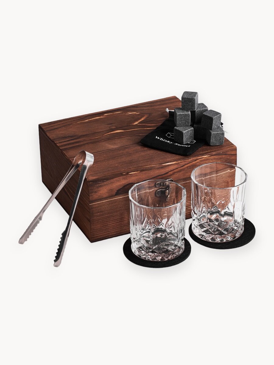Набор для виски ( Бокалы-2 шт, Камни для виски 8 шт, щипцы, деревянная коробка)