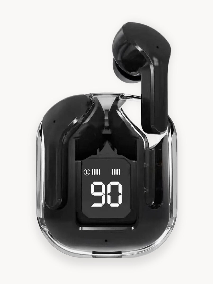 Наушники беспроводные черные, с цифровым дисплеем, прозрачным кейсом