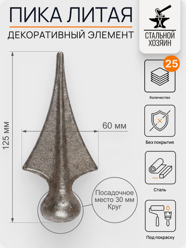 Изображение товара 25 шт Кованый элемент пика 125х60 мм Посадочное место 30 мм Круг