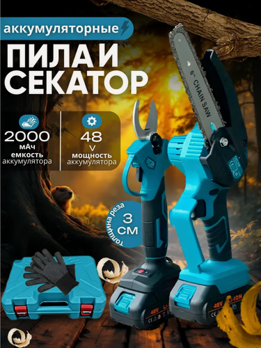 Изображение товара Садовый набор бесщеточного инструмента 2 в 1 секатор и мини пила с 2 аккумуляторами в кейсе