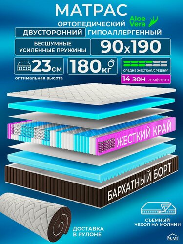 Изображение товара Ортопедический односпальный матрас 90х190 см на кровать, рулонный, независимый пружинный блок, съемный чехол Ами Мебель