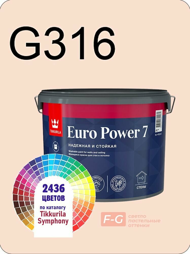 Краска для стен и потолков Tikkurila Euro Power 7 9л. светло-пастельные оттенки G316