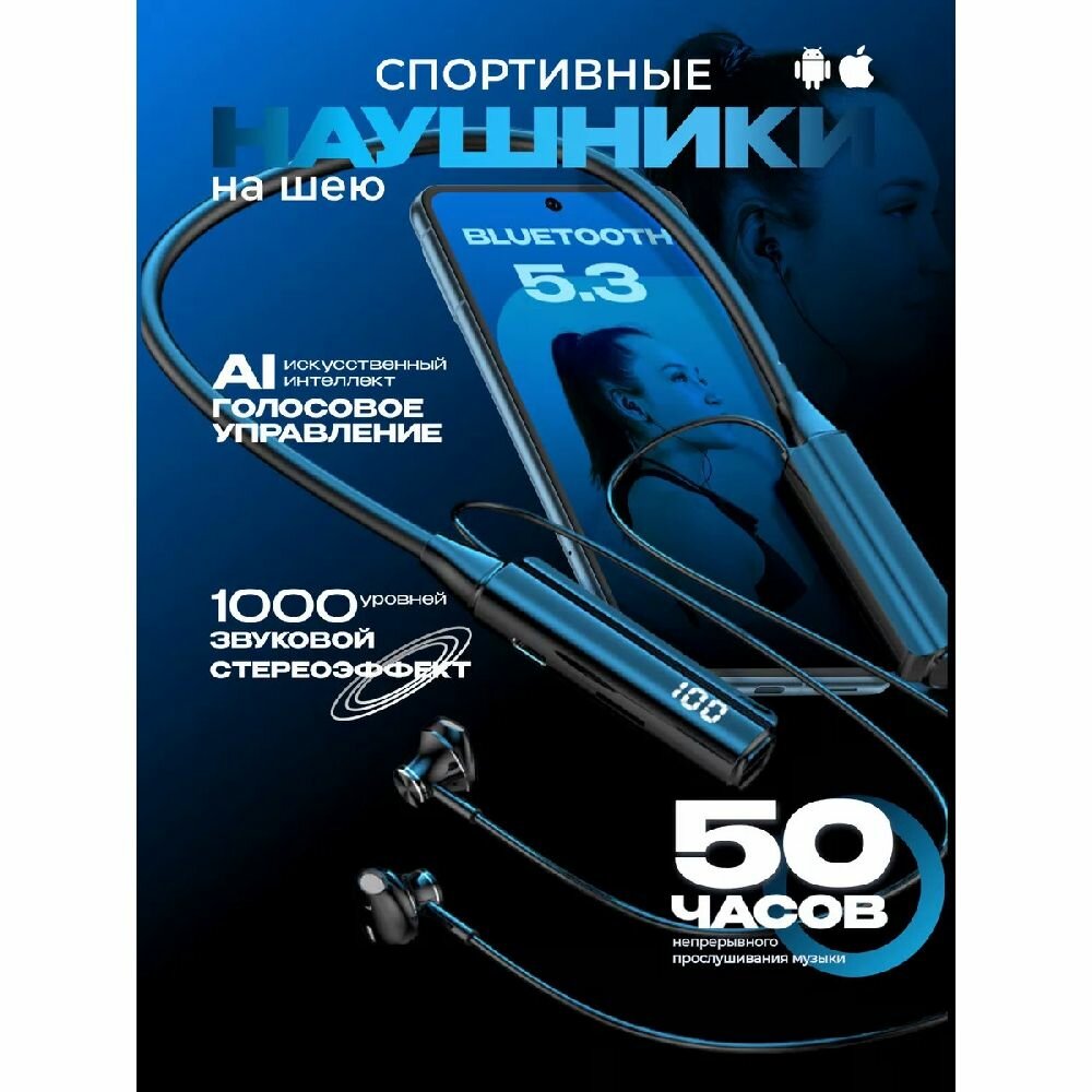 Наушники, беспроводные, спортивные, внутриканальные, шейный обод, Bluetooth 5.3