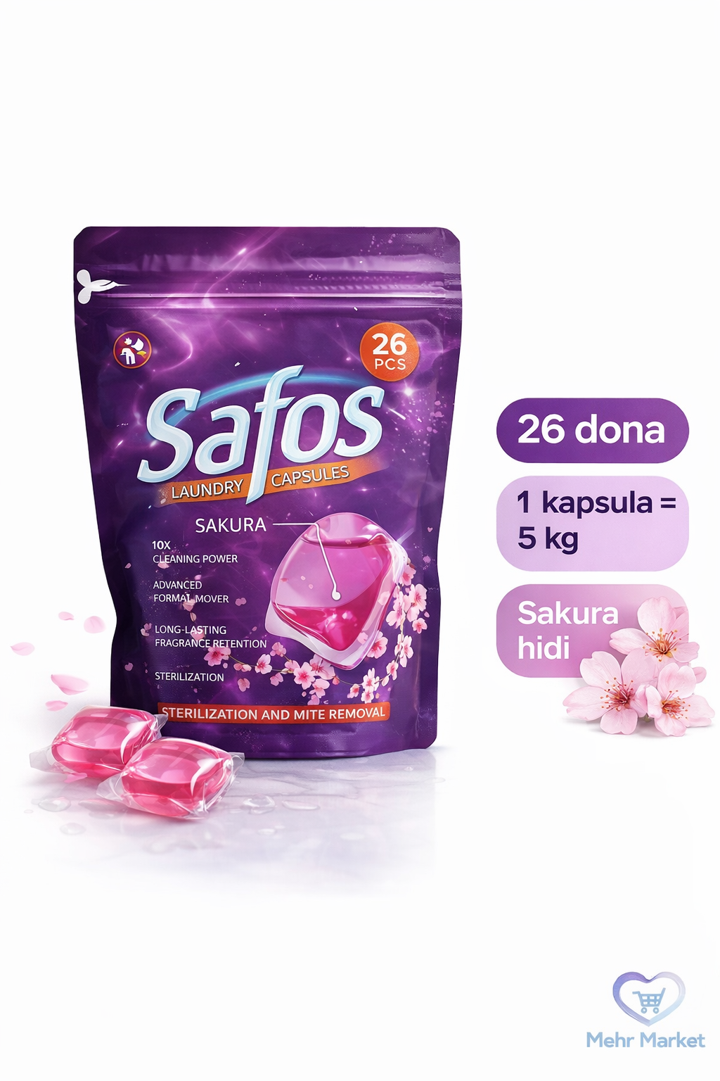 Капсулы для стирки Safos Sakura 26 шт, 10X мощность очистки и антибактериальный эффект
