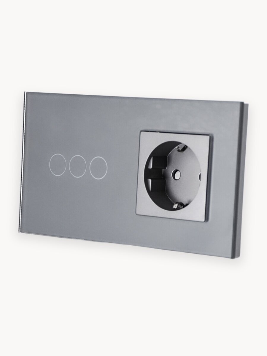 Умный выключатель сенсорный Wi-Fi трехклавишный с розеткой в одной стеклянной рамке с нулем, серый, умный дом