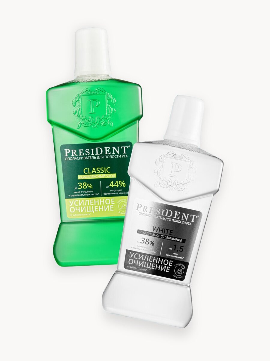 PRESIDENT набор ополаскивателей для полости рта, отбеливающий WHITE + антикариесный CLASSIC со фтором, 400 мл, 2 шт.